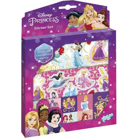 Set di adesivi delle principesse Disney, scatola con 3 fogli e scenografia 17x25x1