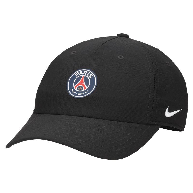 Cappellino Nike Paris Saint-Germain nero con stemma PSG frontale e logo Nike bianco laterale