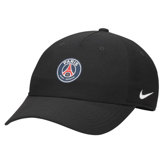 Cappellino Nike Paris Saint-Germain nero con stemma PSG frontale e logo Nike bianco laterale
