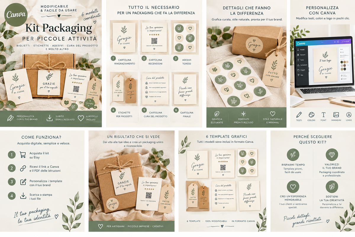 Kit Packaging per Piccole Attività – 6 Modelli Digitali Canva