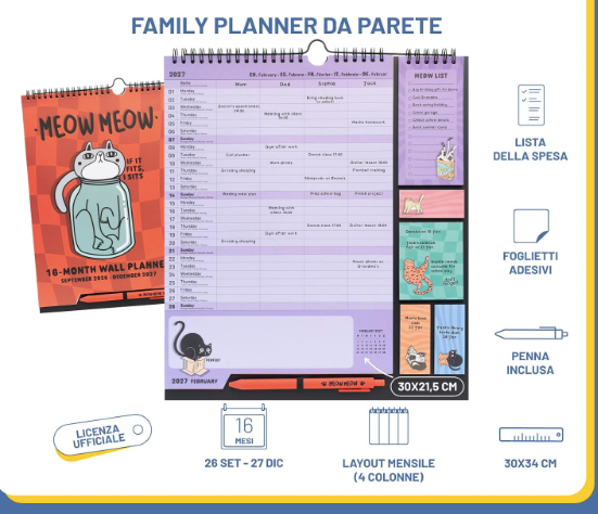 Calendario Famiglia 2027 Meow Meow