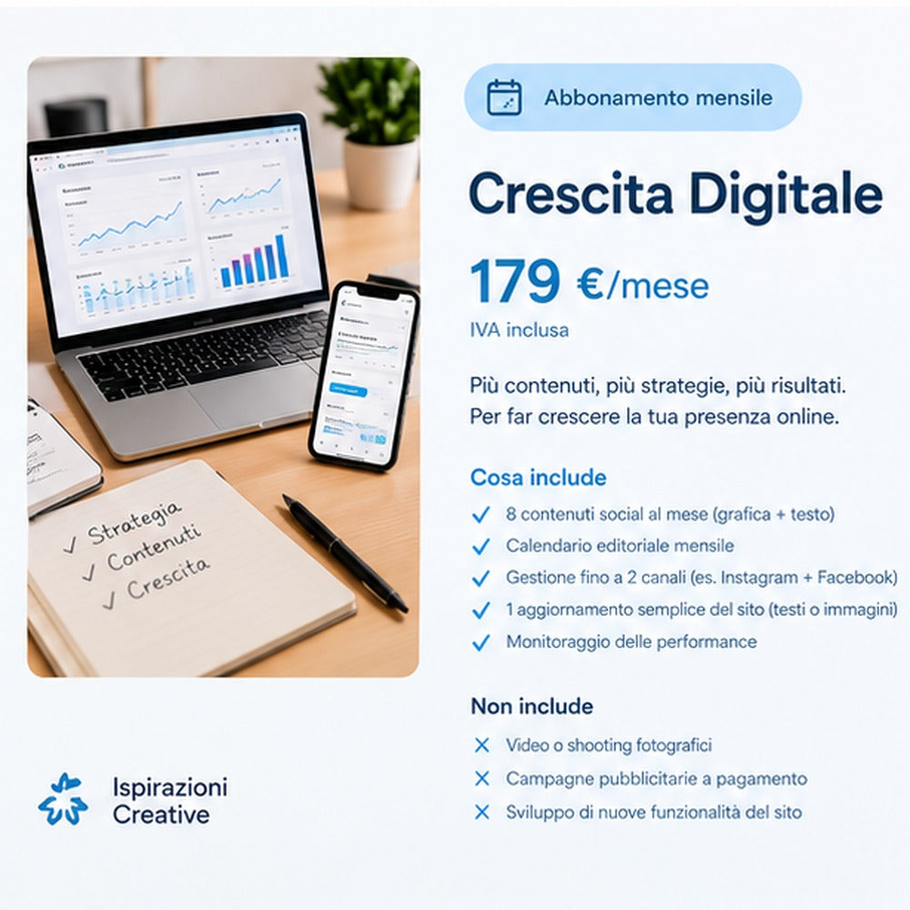 Dettagli del servizio Crescita Digitale: piano social e aggiornamento sito