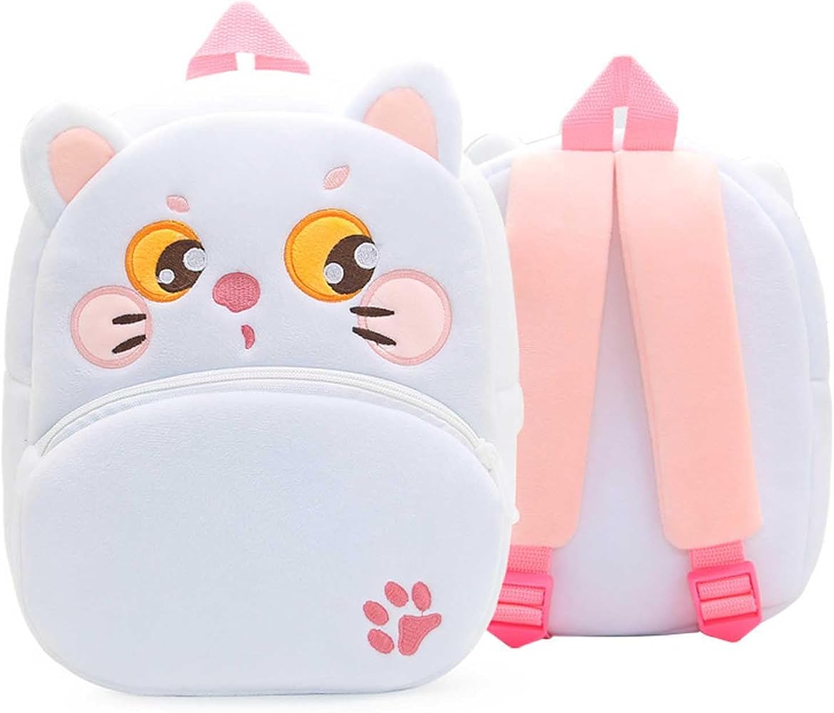 Zainetto bianco a forma di gatto con occhi gialli e dettagli rosa