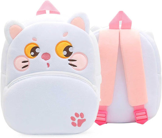 Zainetto bianco a forma di gatto con occhi gialli e dettagli rosa